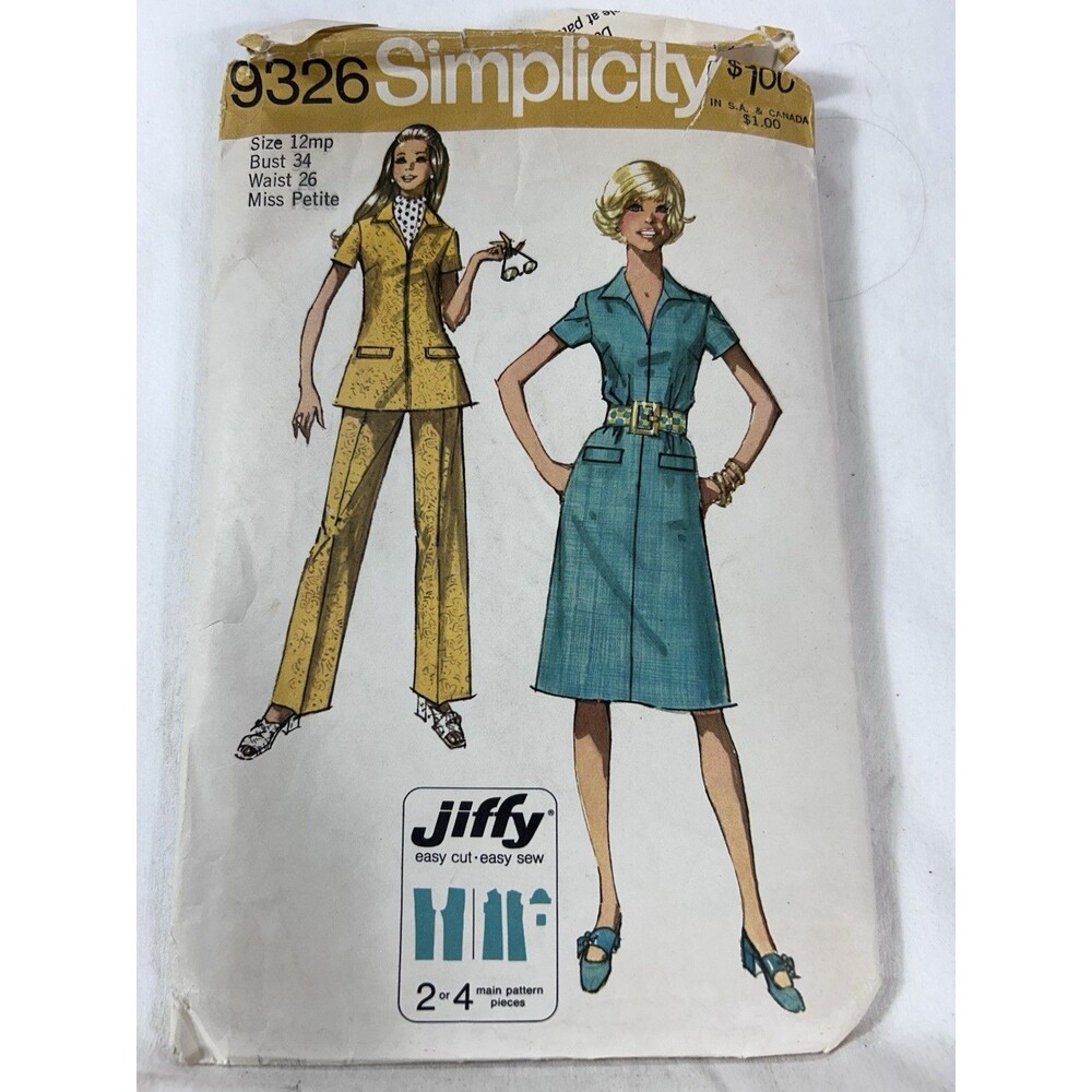 Vintage Simplicity 9326 Jiffy Dress Tunic Pants Pattern Sz 12 MP CUT OOP